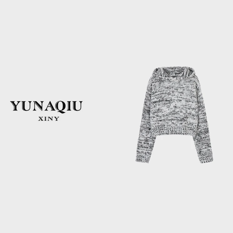 YUNAQIU毛衣帽衫鞠婧祎同款复古花灰粗针织衫羊毛连帽衫女-6116