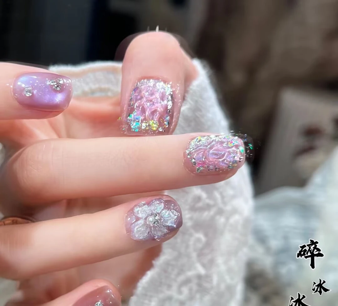 【勿忘我】纯手工穿戴甲气质穿戴式梯形光疗甲美甲师春夏新品