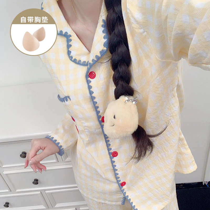 网红风黄格子带胸垫睡衣女款春秋季爆款长袖可外穿女士家居服套装