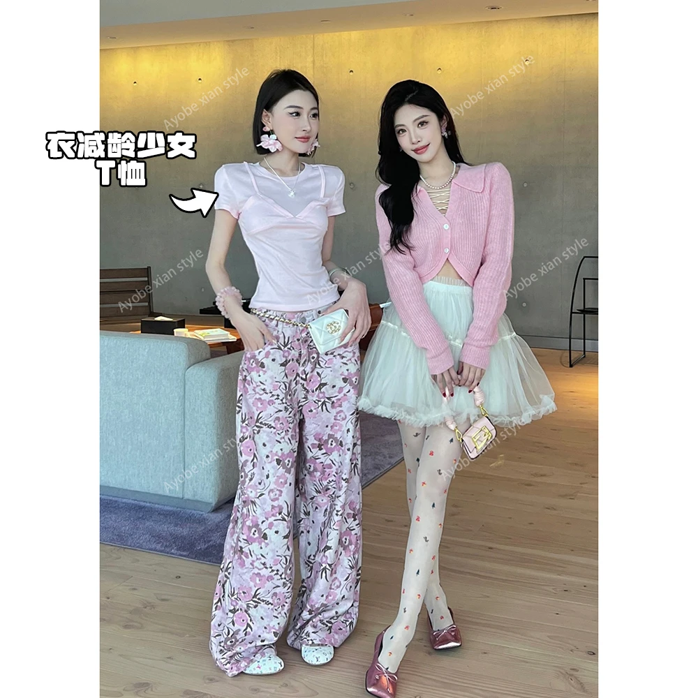 AYOBE小贤/半截言春  甜粉叠搭吊带假两件上衣减龄少女T恤