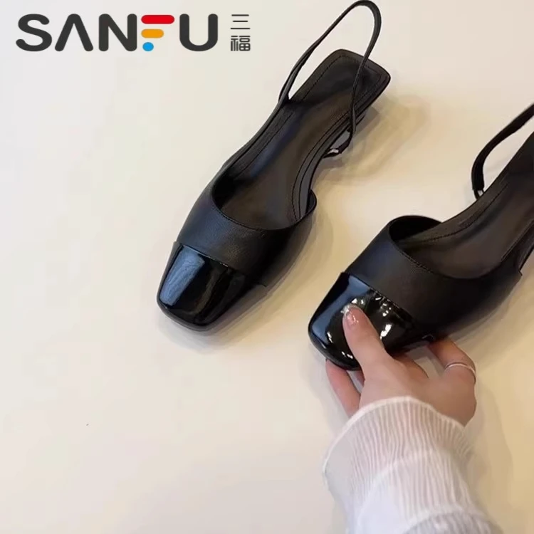 三福法式黑色低跟通勤凉鞋女2025新款夏季方头后空拼接包头凉单鞋