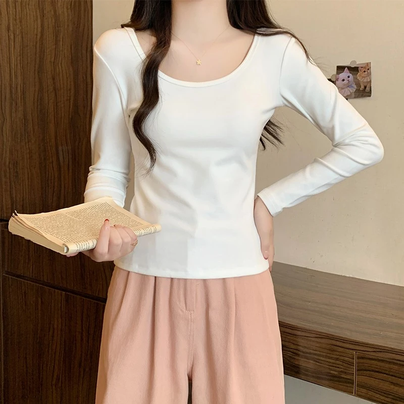 白色加绒u领打底衫女内搭2026新款秋冬加厚低领长袖外穿保暖上衣