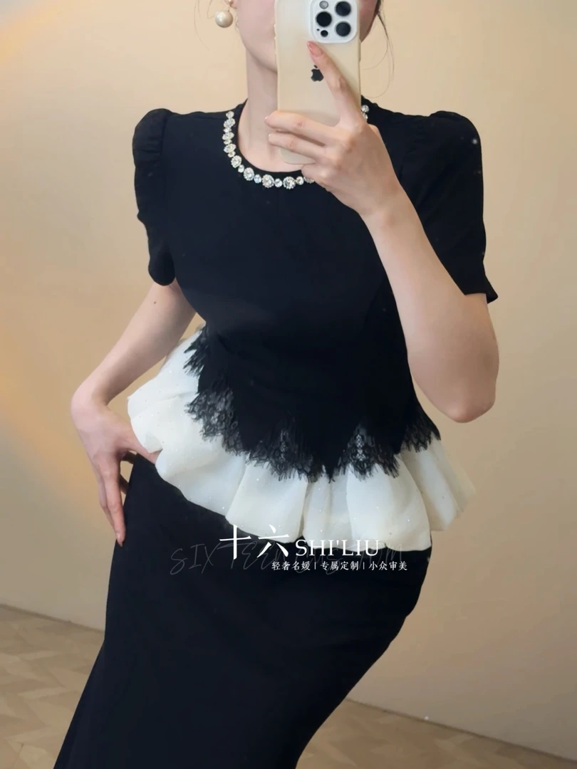 【十六原创】命中注定·气质假两件遮肉高腰显瘦小黑裙连衣裙45102