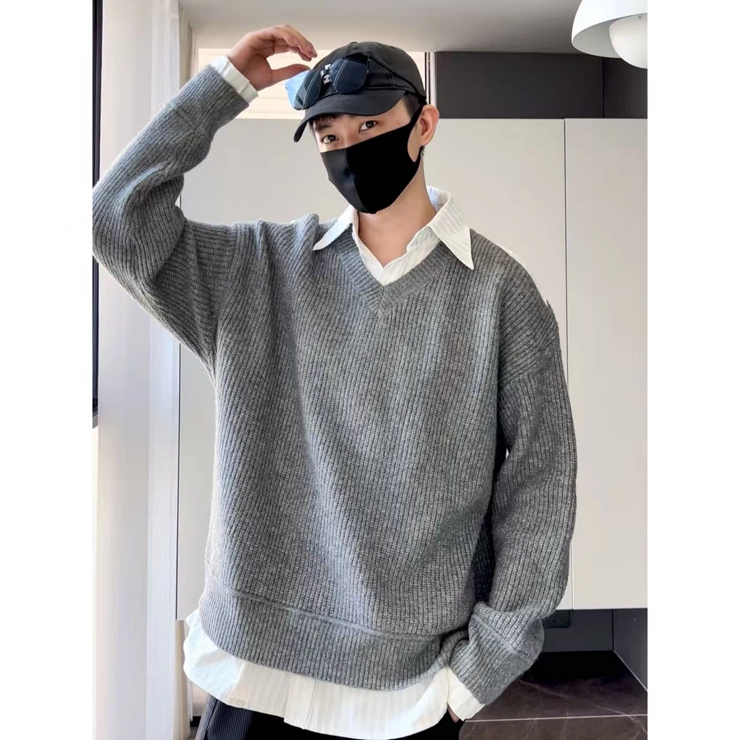 大圣圣 假两件毛衣拼接衬衫破洞拼接时髦套头针织衫男FUL49314