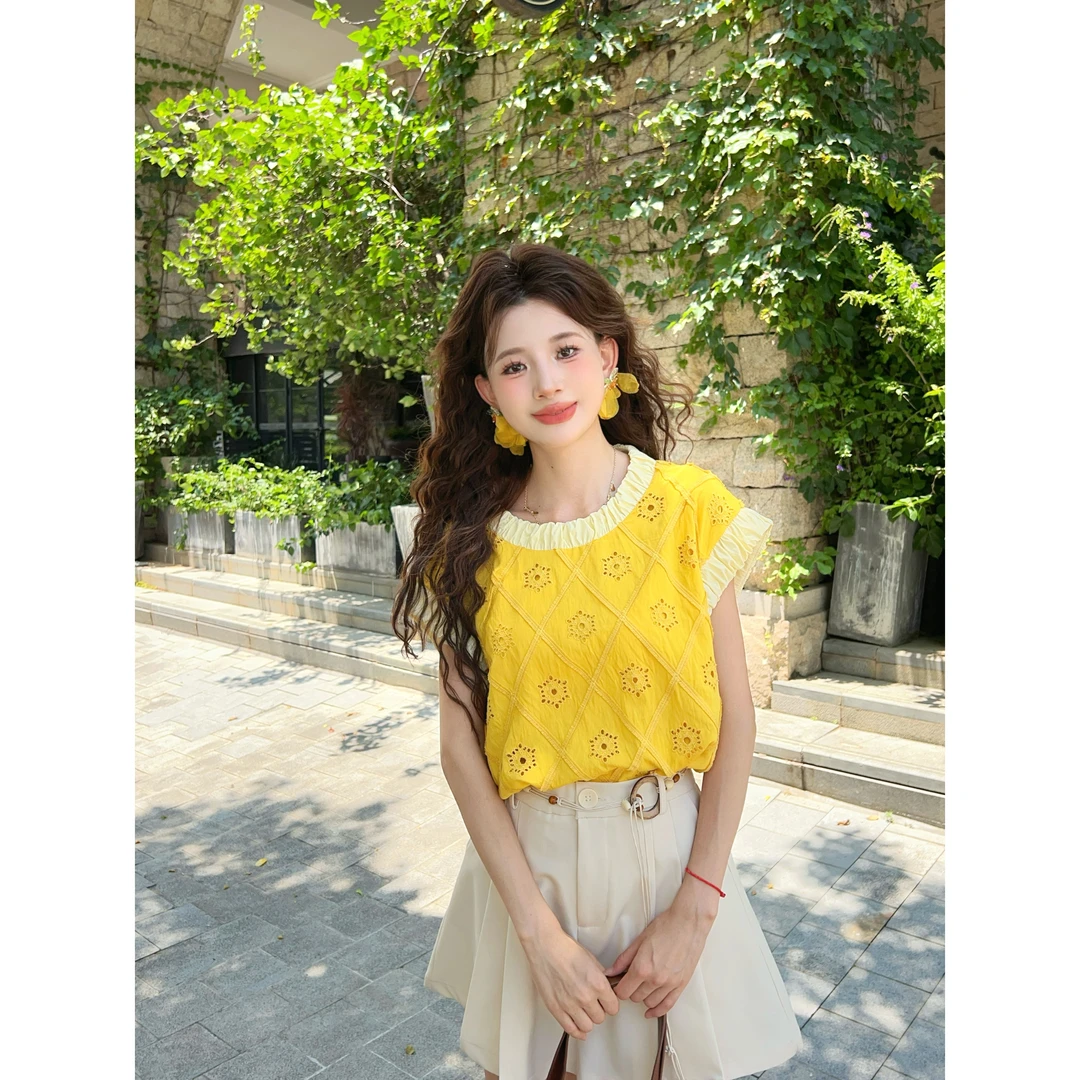 温舒敏【麦穗黄昏】港风复古圆领镂空衬衫女宽松格纹上衣