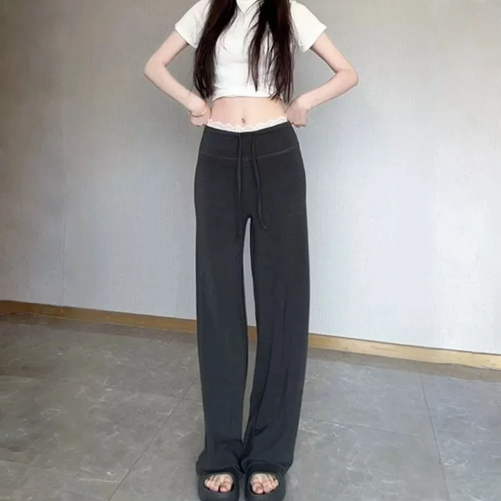 慵懒风蕾丝花边休闲裤女夏季新款高腰垂感微喇垂垂裤阔腿裤拖地裤