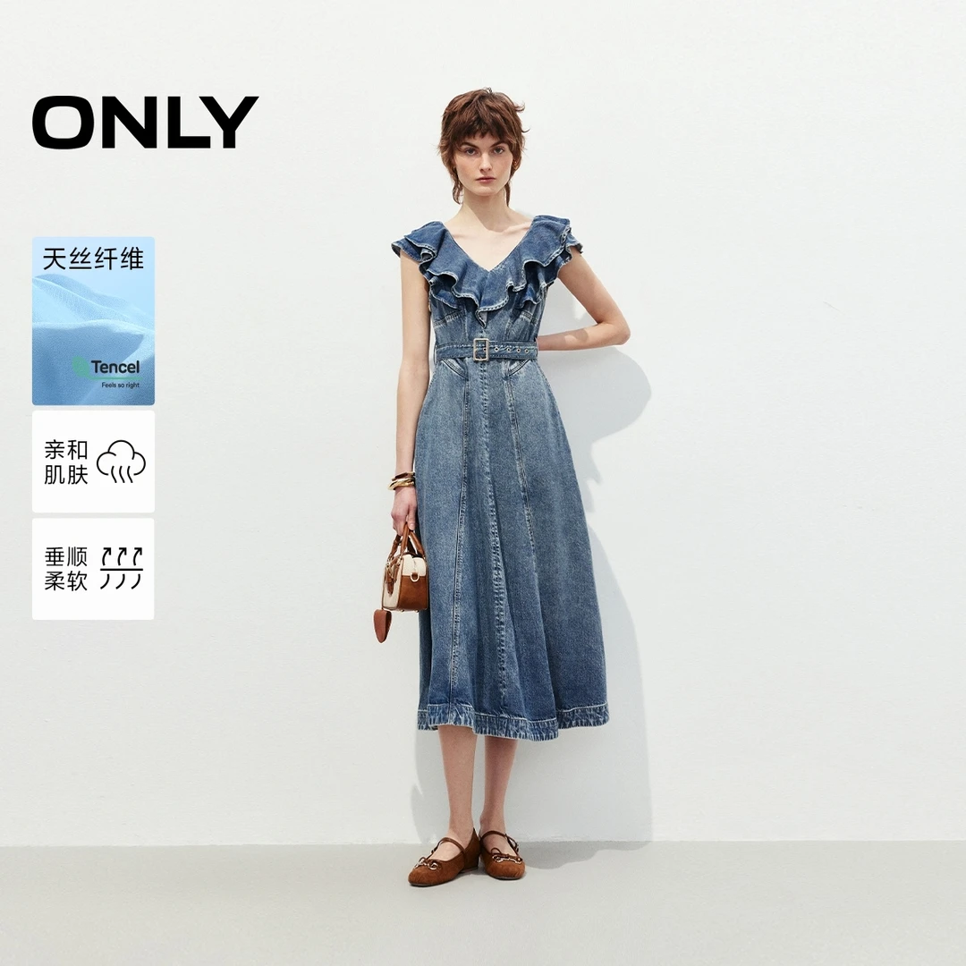 ONLY2025夏季新款荷叶边V领中长裙牛仔连衣裙女慵懒风|125242019