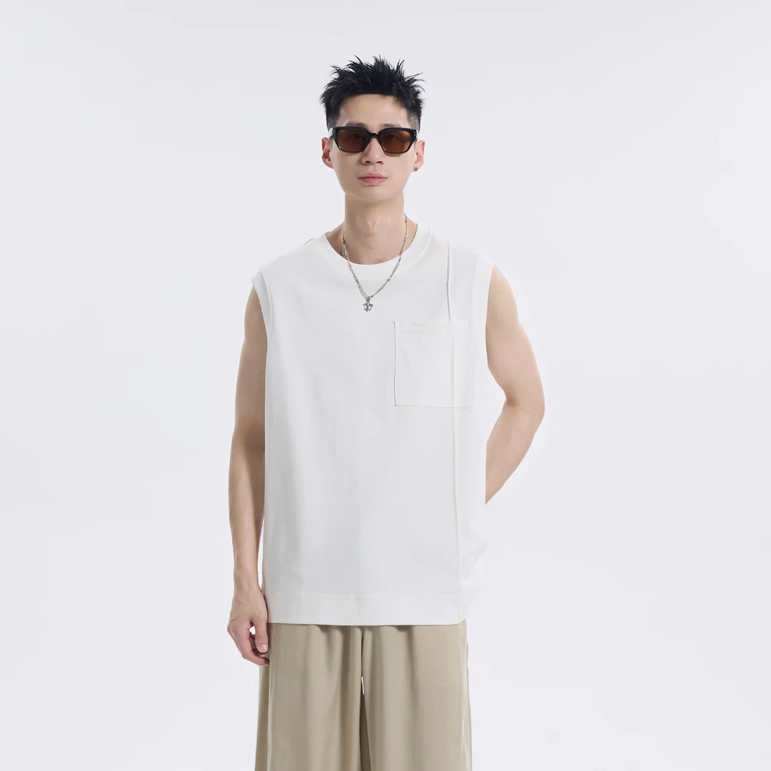 凉感夏季时尚背心潮流休闲百搭男款口袋潮牌穿搭经典无袖T恤【607】