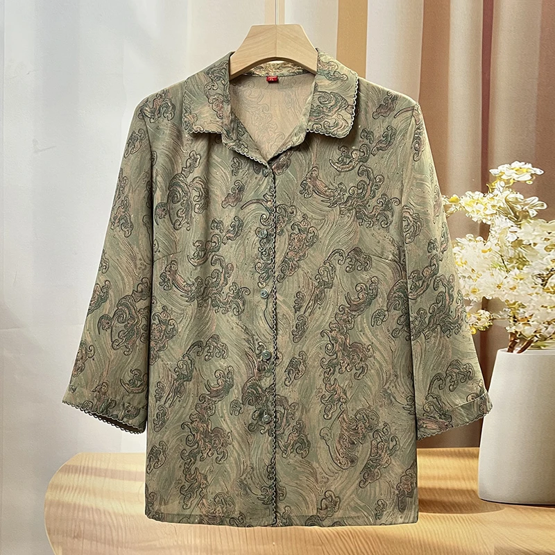 奶奶夏装衬衫七分袖中老年人妈妈夏季宽松衬衣25年婆婆新款衣服女