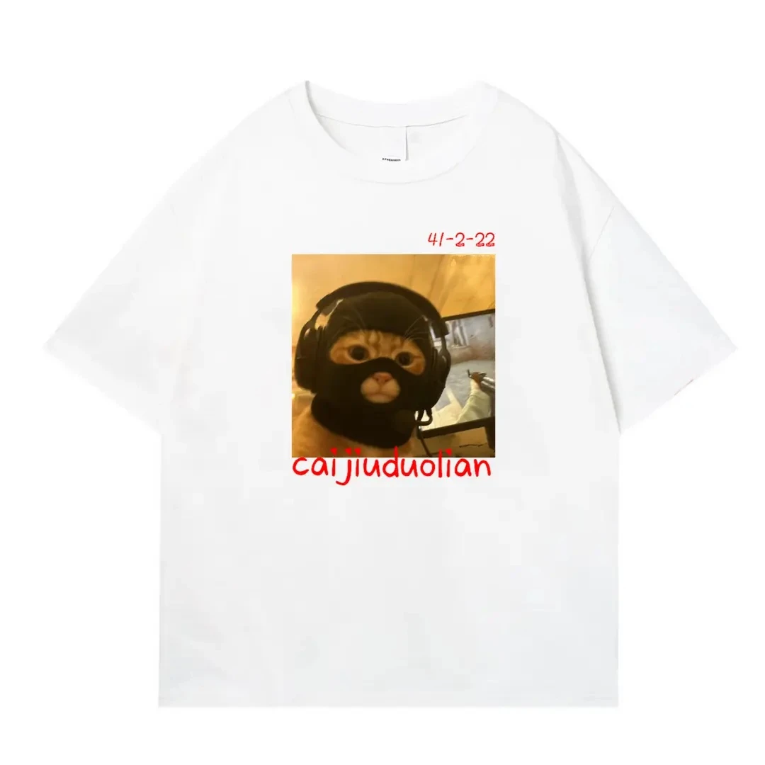 【菜就多练】2025夏季新款GO学长T恤280克纯棉短袖喵咪印花宽松圆领