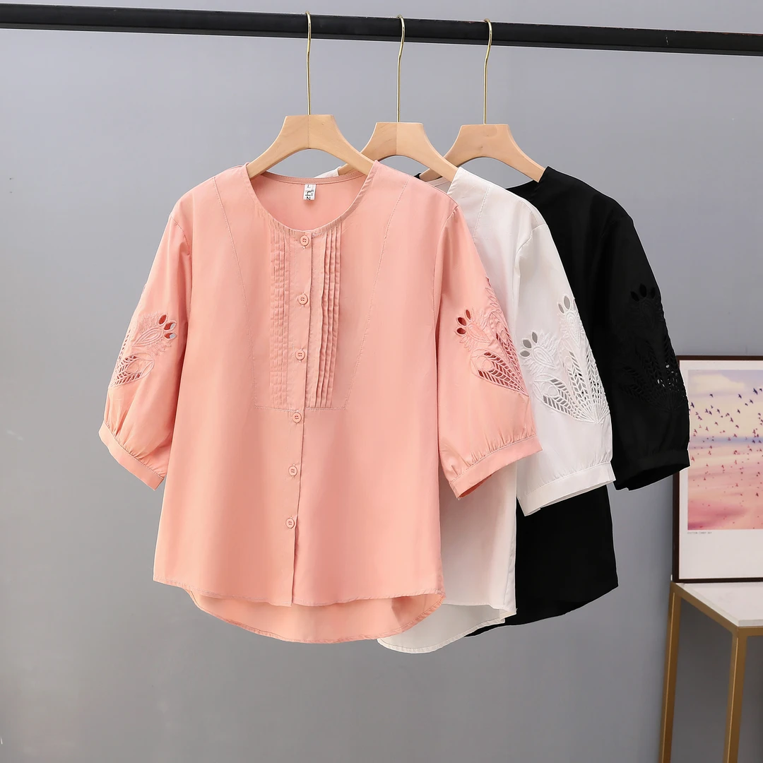 纯棉大码女装新款2025胖mm夏装灯笼袖上衣中袖镂空绣花百搭T恤女