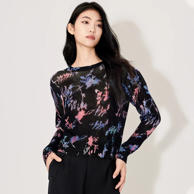 春秋休闲刺绣长袖针织衫宽松型提花时尚圆领打底衫161K5131