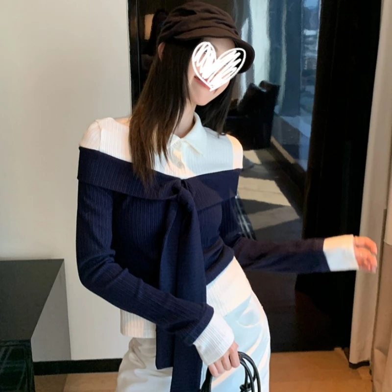 现货!【高品质300克】秋季小众假两件长袖T恤藏蓝色绑带肌理感上衣