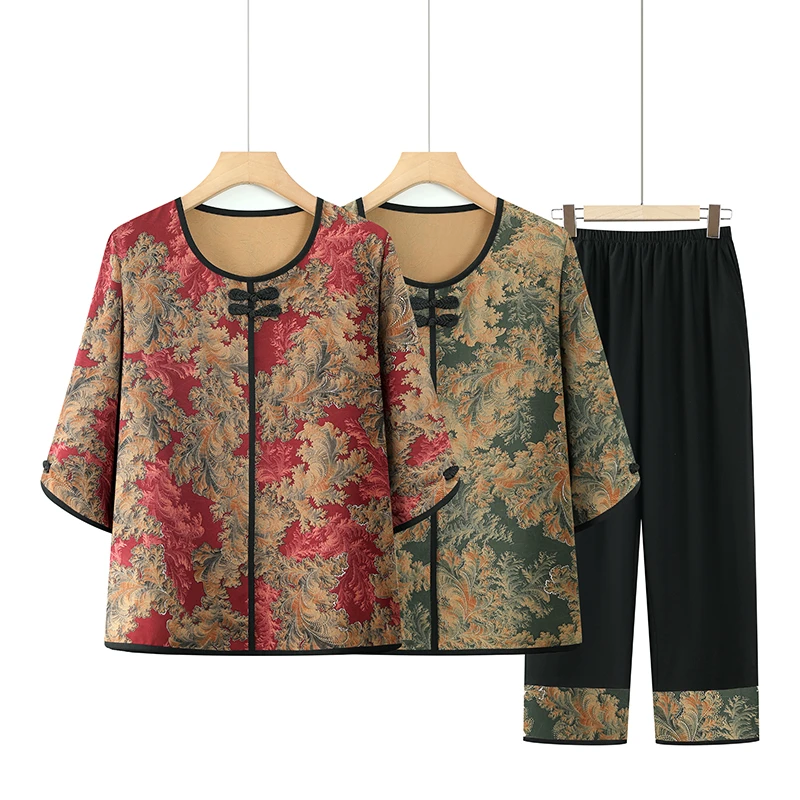妈妈装夏装套装中老年人七分袖两件装奶奶装洋气老人太太衣服薄款