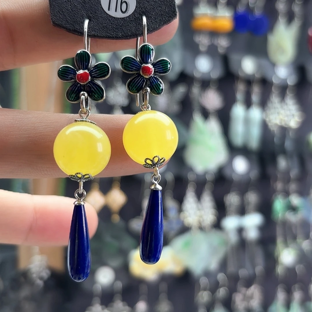 银S925镶嵌琥珀耳饰沅*