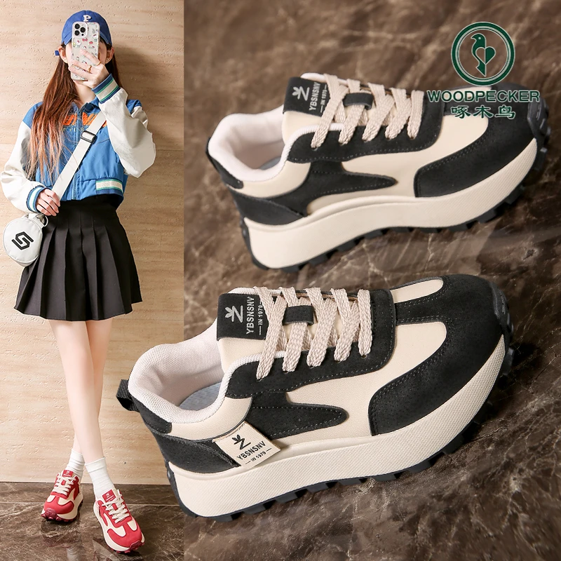 啄木鸟2025春季老爹鞋女增高休闲透气潮学生ins软厚底运动阿甘鞋