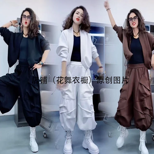 2025年春季网红新款时尚减龄宽松洋气百搭休闲抽绳外套裤子套装女