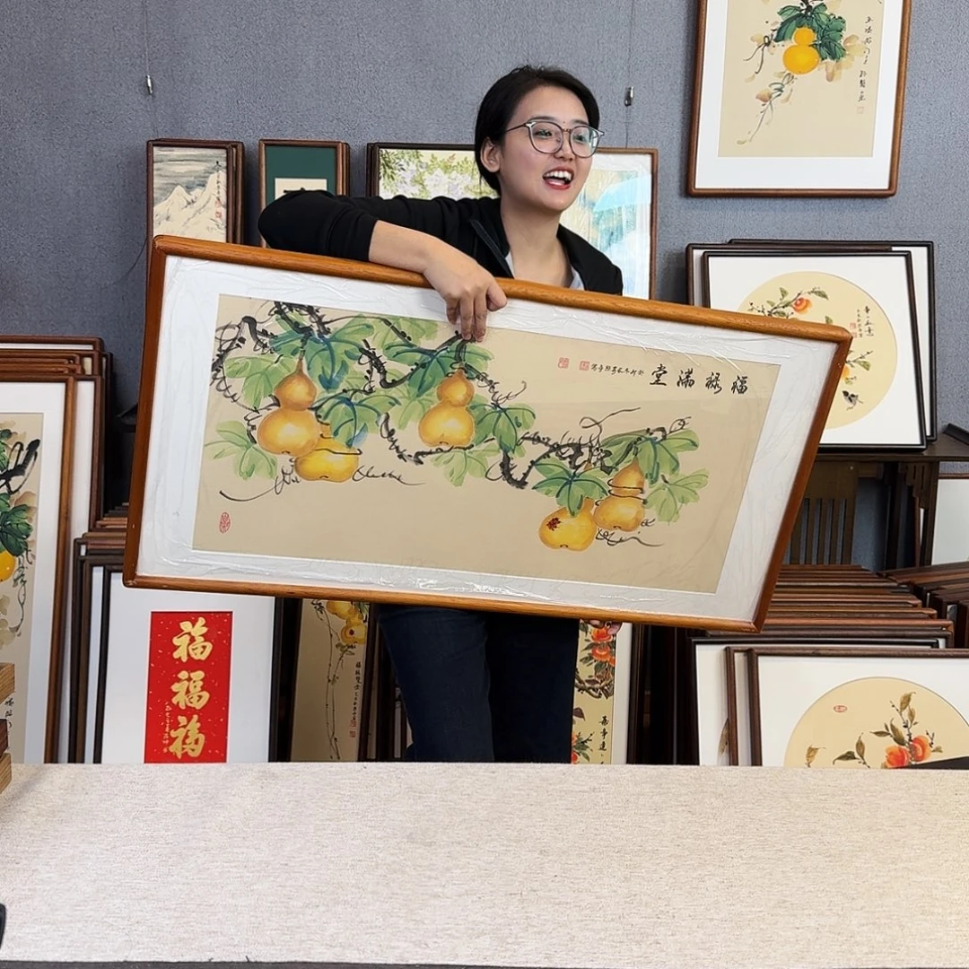 国画纯手绘，纯手写带框尺寸：53×103厘米