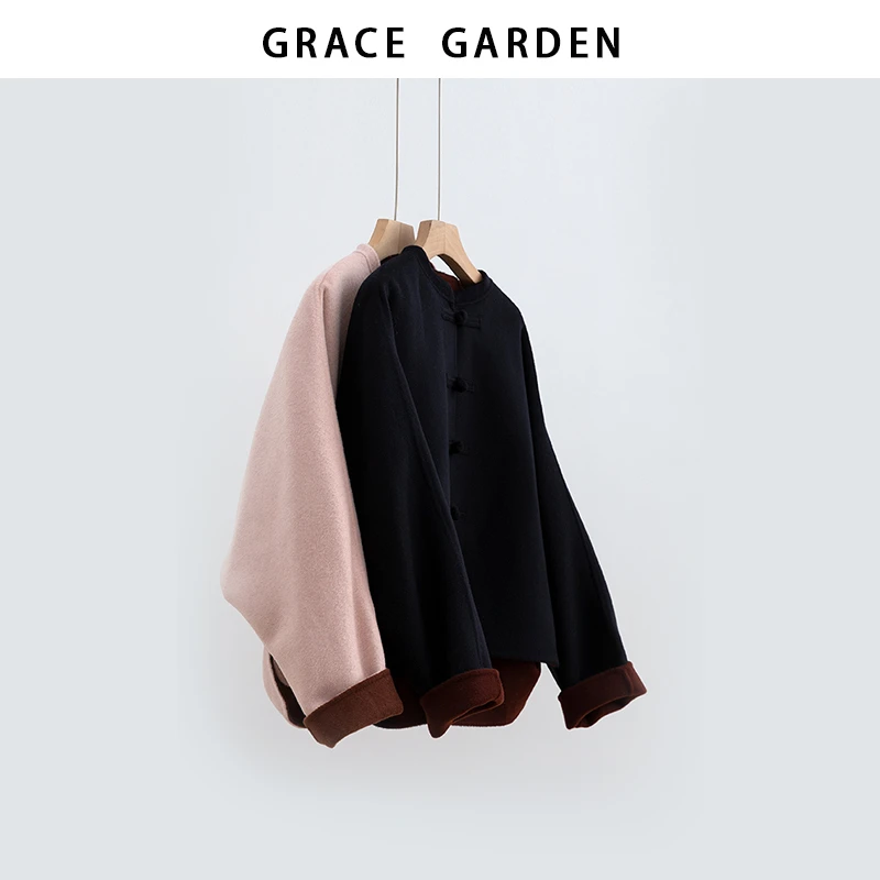 GRACE GARDEN【万人迷！】新中式一字盘扣撞色呢大衣MF5K0410