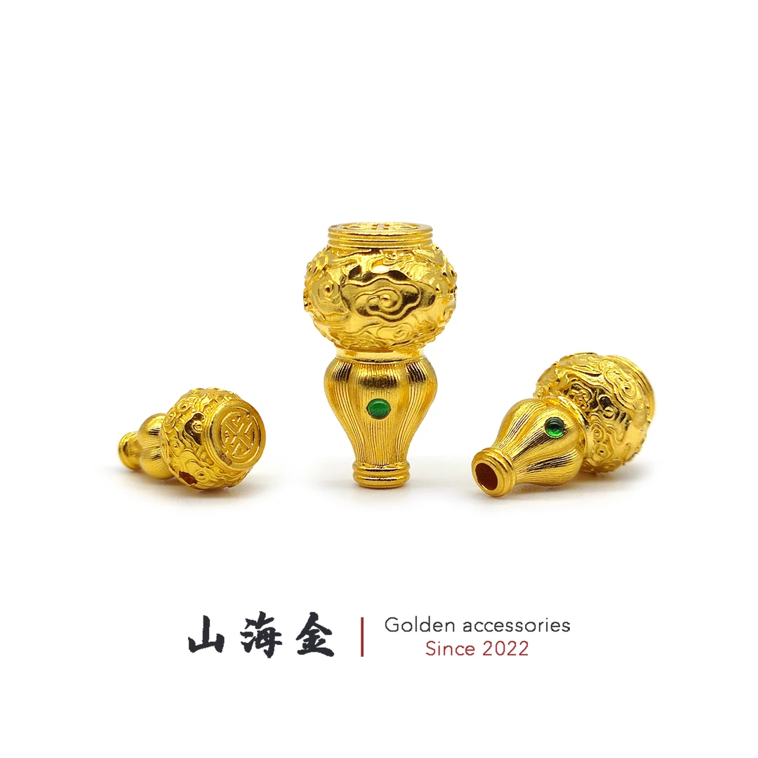 山海金 24K黄金999足金古法祥云纹葫芦三通佛头文玩手串佛珠配饰