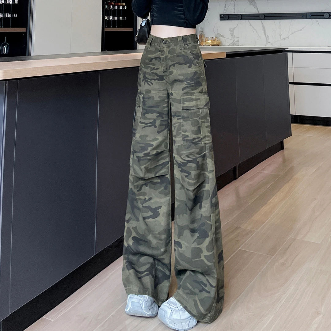 美式高街迷彩工装牛仔裤女春秋新款高腰宽松垂感休闲微喇阔腿裤子