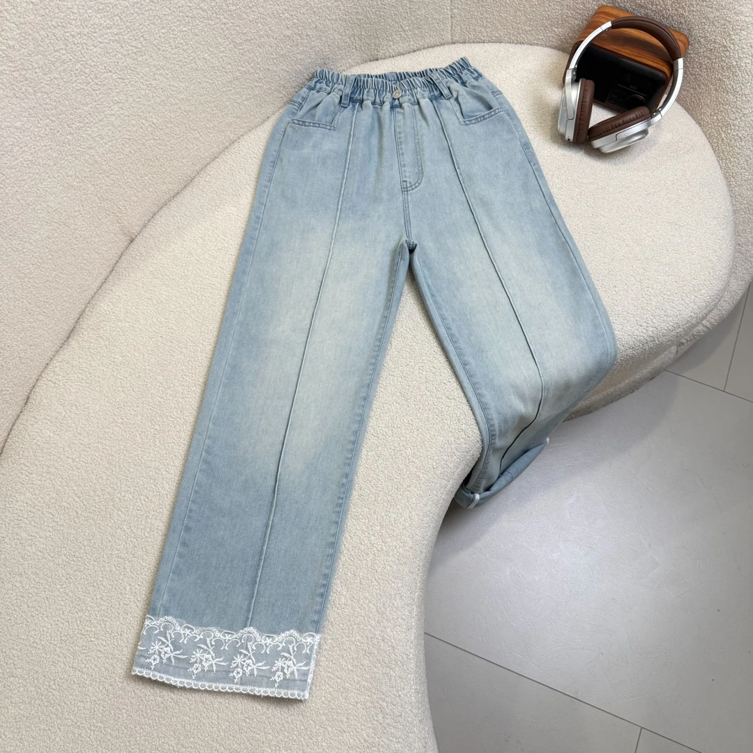 【2025夏款新品】青少年时尚百搭休闲蕾丝韩版直筒牛仔裤HWX038