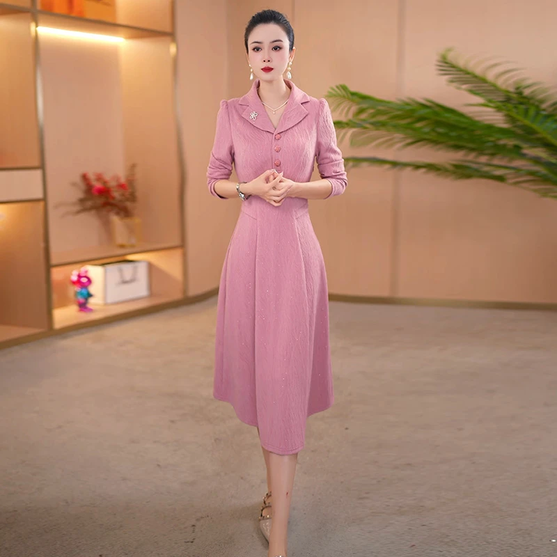 2025秋季新款妈妈长袖连衣裙女中老年时尚气质优雅中长款收腰裙子