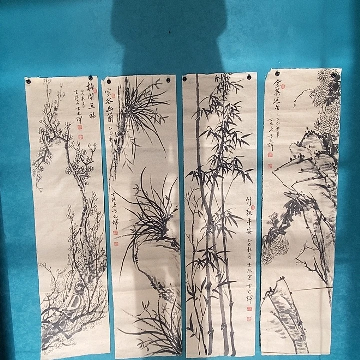 国画手绘花鸟四条屏四尺对开
