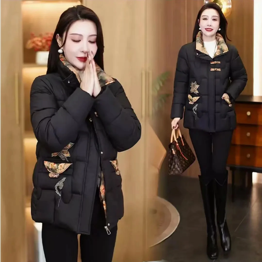 2025爆款冬季时尚百搭加绒保暖国风盘扣刺绣棉袄加厚妈妈装棉服