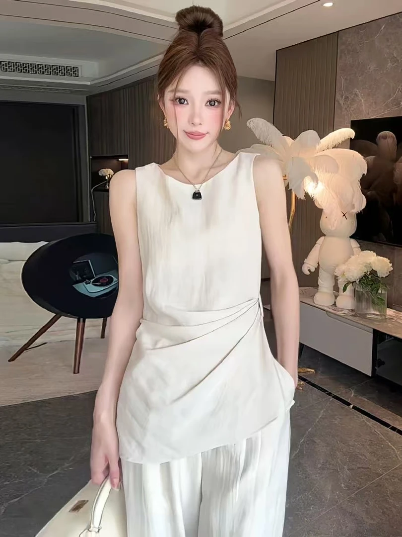 T老钱风松驰感套装女夏季简约气质无袖背心高腰阔腿裤两件套H106