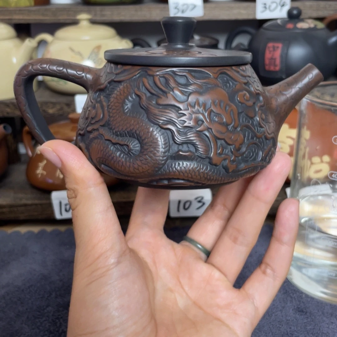 壶重工满雕龙凤石瓢壶