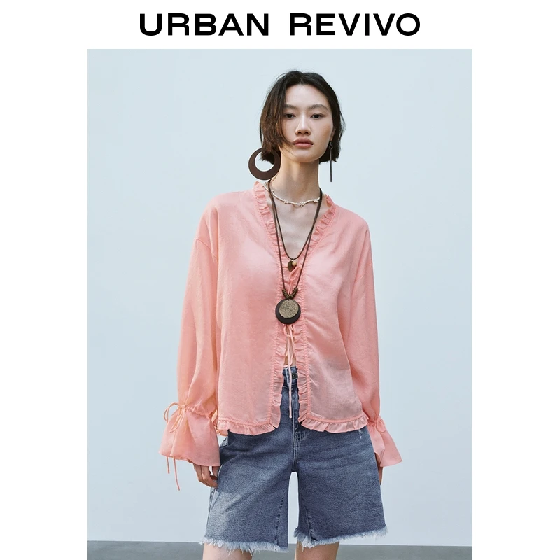 UR2025秋季新款女装木耳边多系带长袖开襟衬衫UYL250059