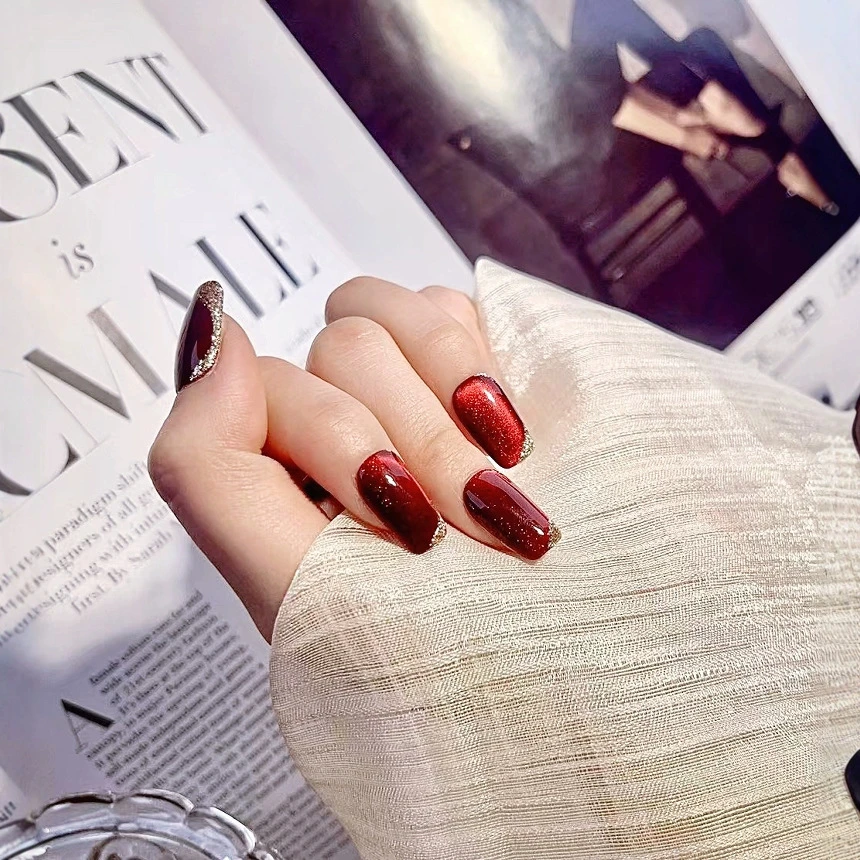 8号【玫瑰恋】纯手工穿戴美甲酒红色猫眼新年美甲金线显白高级光疗
