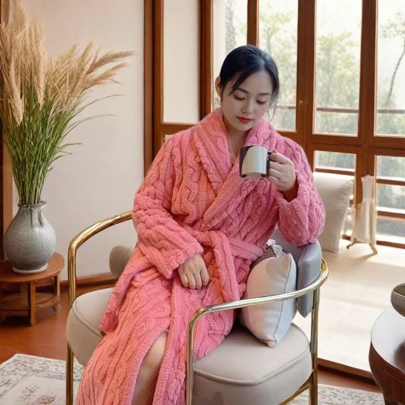 女士秋冬款甜美加厚长袖双面绒睡袍、浴袍
