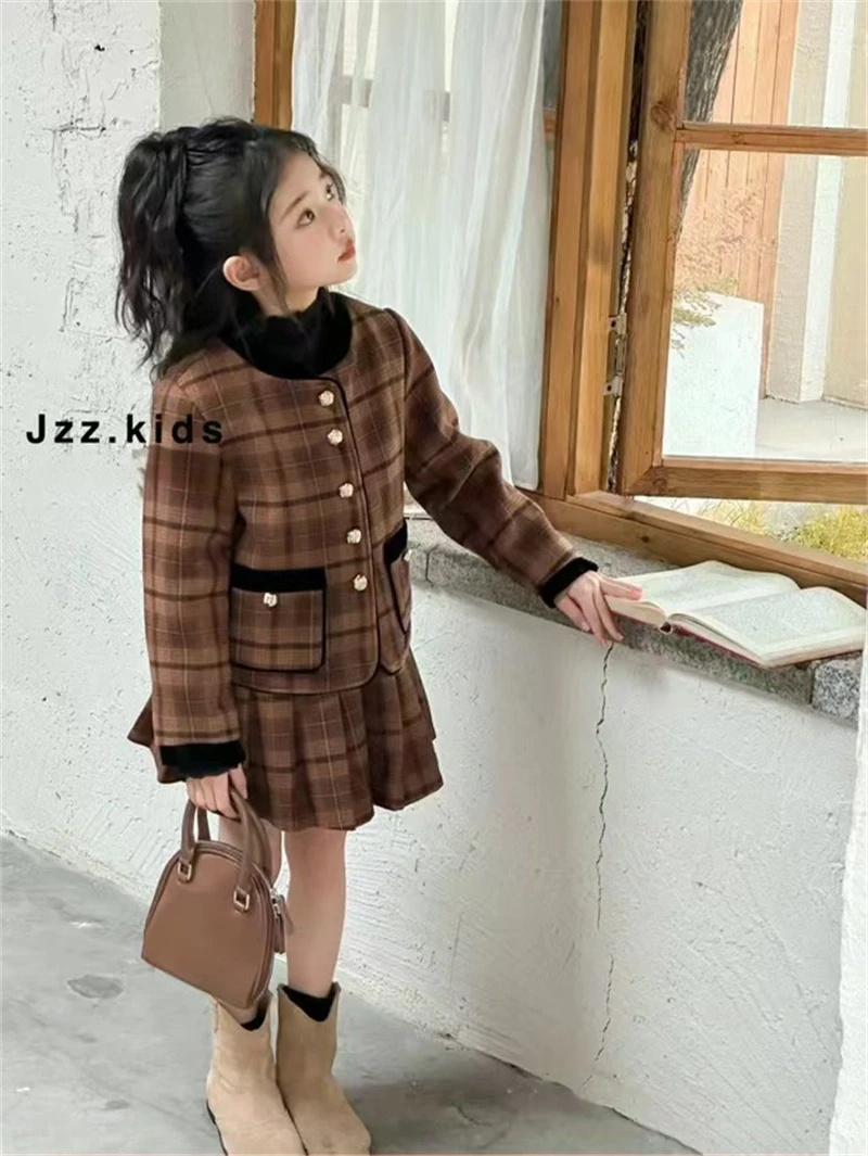 923【J】儿童时尚休闲小香风格子加绒长袖短裙套装-888718