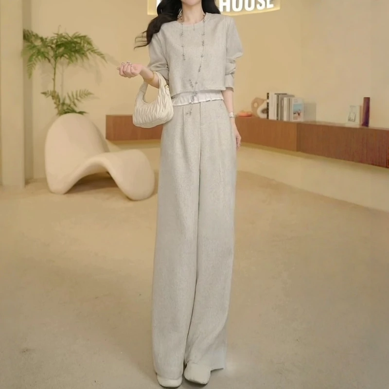 秋季薄款时尚气质韩版套装女2025年新款洋气减龄休闲阔腿裤两件套