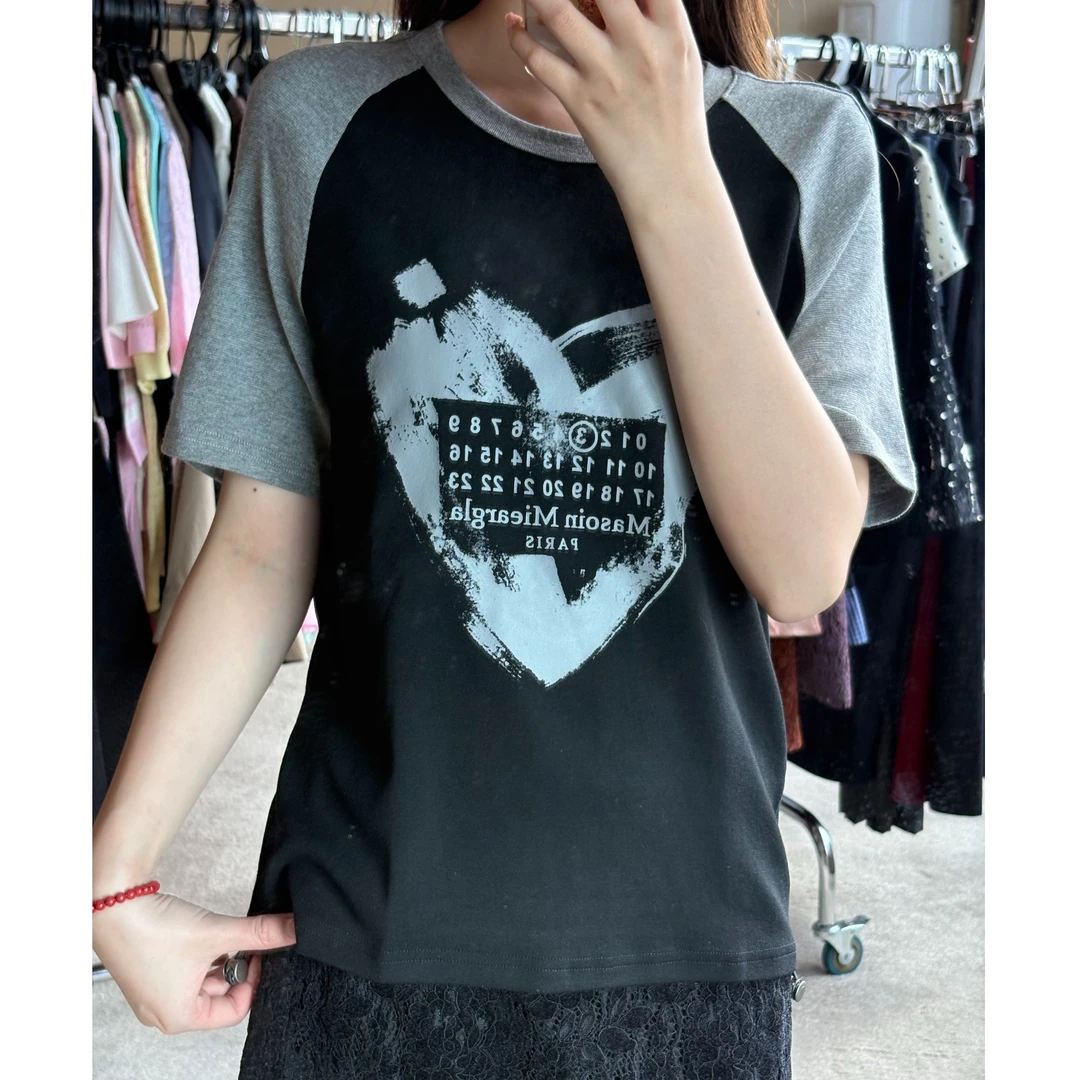 D30830南油爆款印花双色拼接圆领女T恤