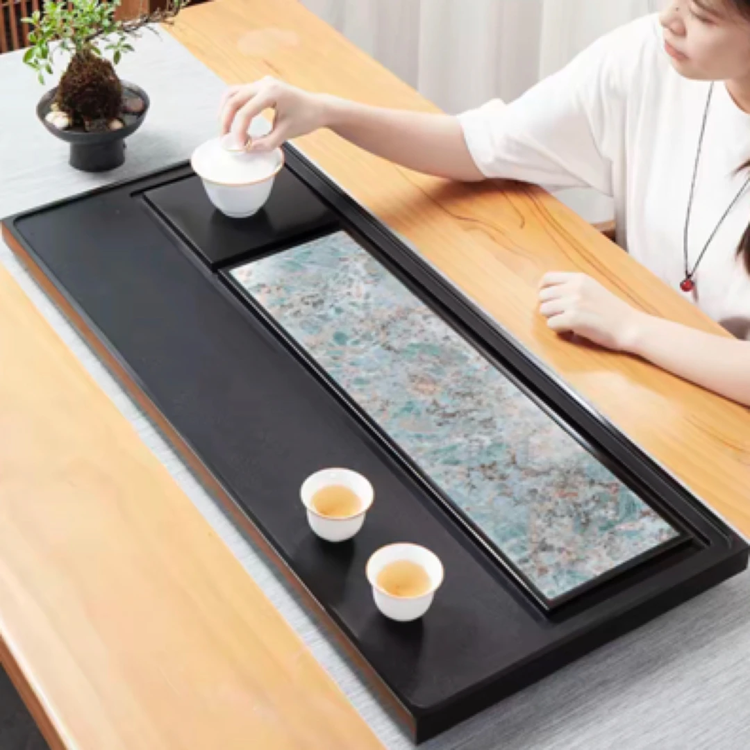 天然50-30-3乌金石镶嵌岩板家用排水长方形轻奢石材茶海茶盘