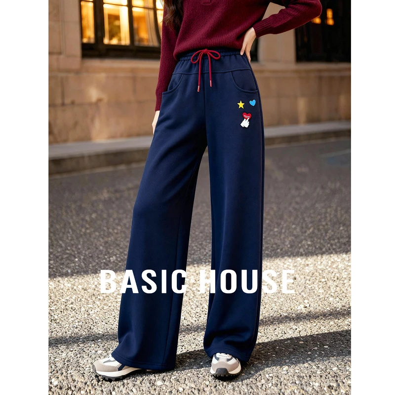 Basic House/百家好复古松紧腰香蕉裤女冬加厚宽松高腰卫裤运动裤