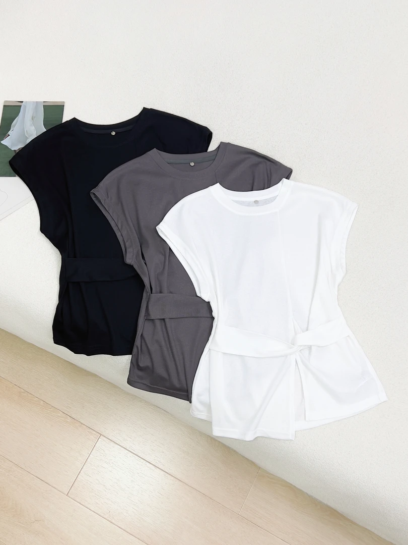 【女王洛克】韩版小众系带设计感圆领无袖t恤女洋气衣服女LK81956