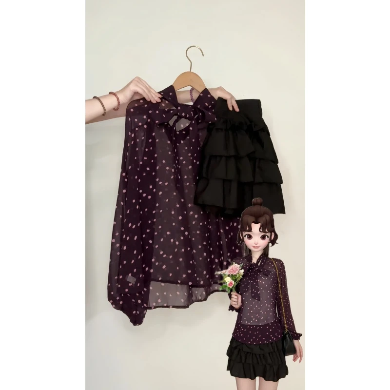 【现货】新款时尚套装2025秋轻熟风小众显瘦紫色波点上衣半身裙女