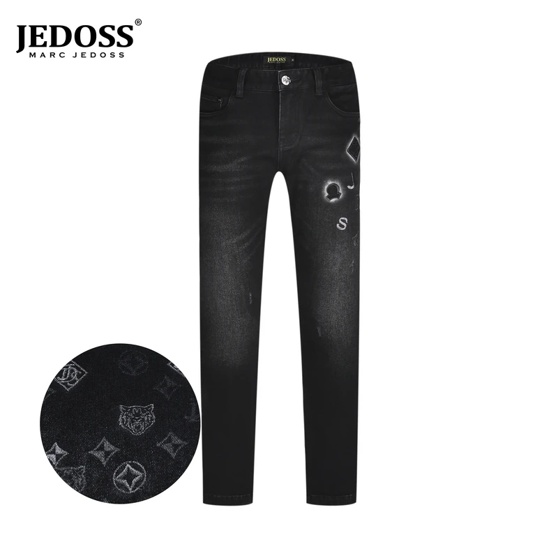 JEDOSS/爵迪斯2025秋冬上新时尚男装字母虎头LOGO印花牛仔裤306B