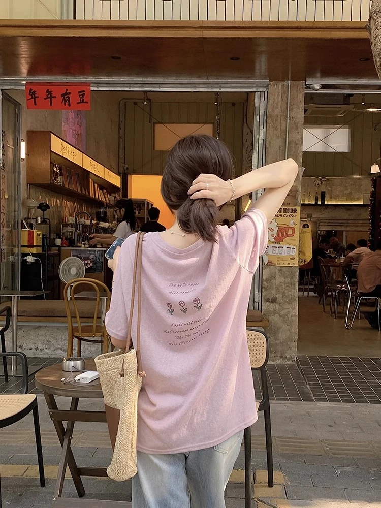 昌容紫后背玫瑰印花短袖T恤女夏季薄透感雪花棉宽松休闲百搭上衣