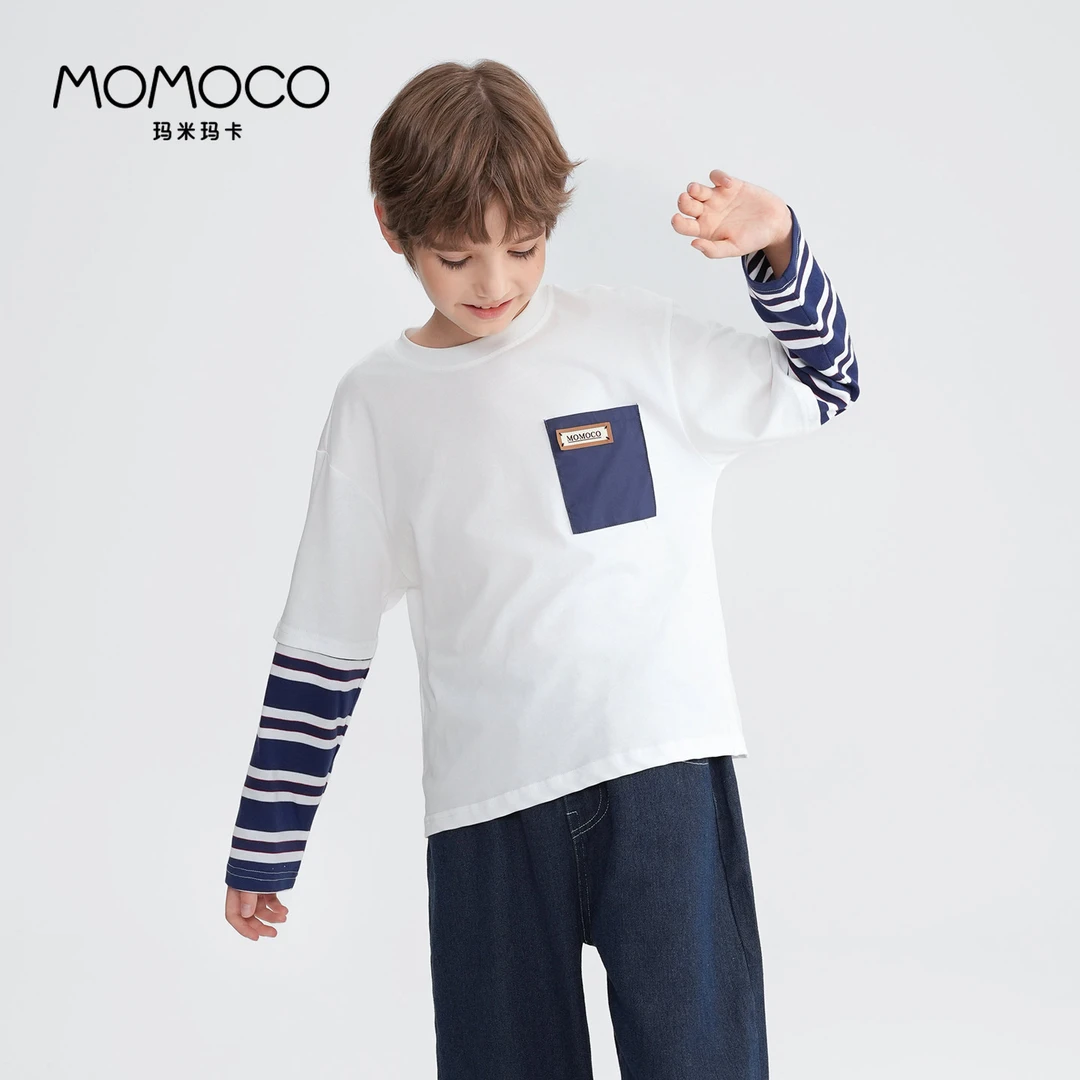 MOMOCO春秋季男童中大童潮流时尚拼接长袖上衣洋气T恤77330235028