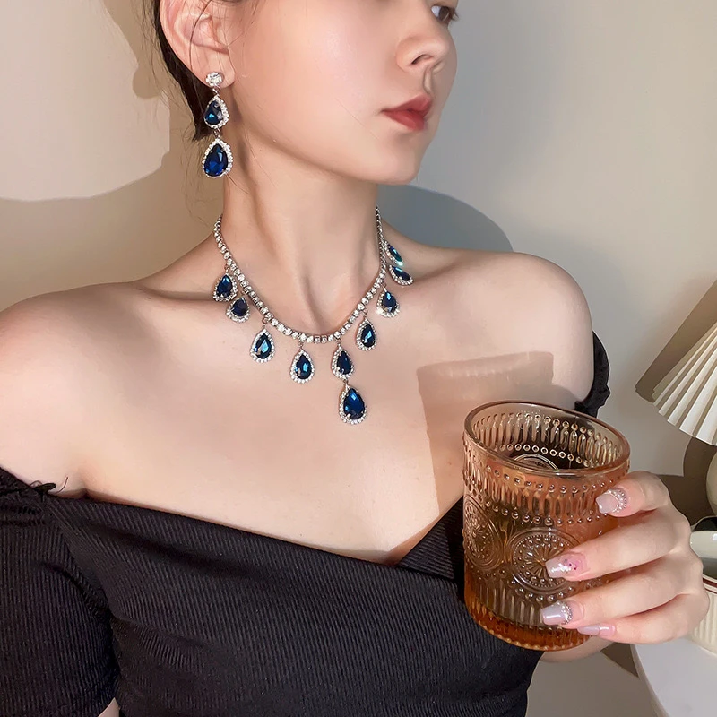 孔雀开屏蓝色项链水滴耳环套装高级感锁骨链A502