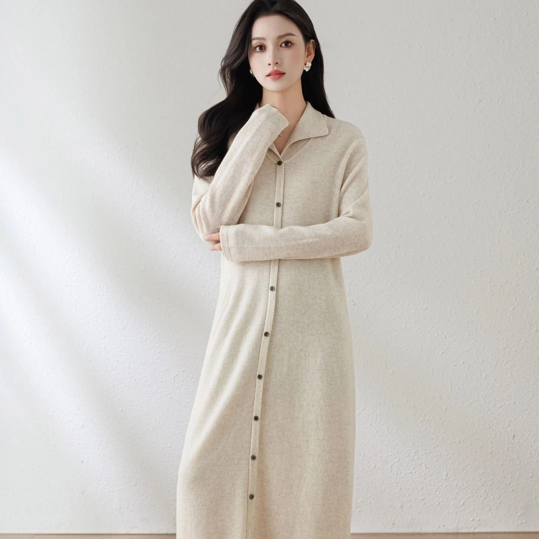 【100% 山羊绒】秋冬翻领单排扣针织连衣裙女宽松羊绒 CDM0006