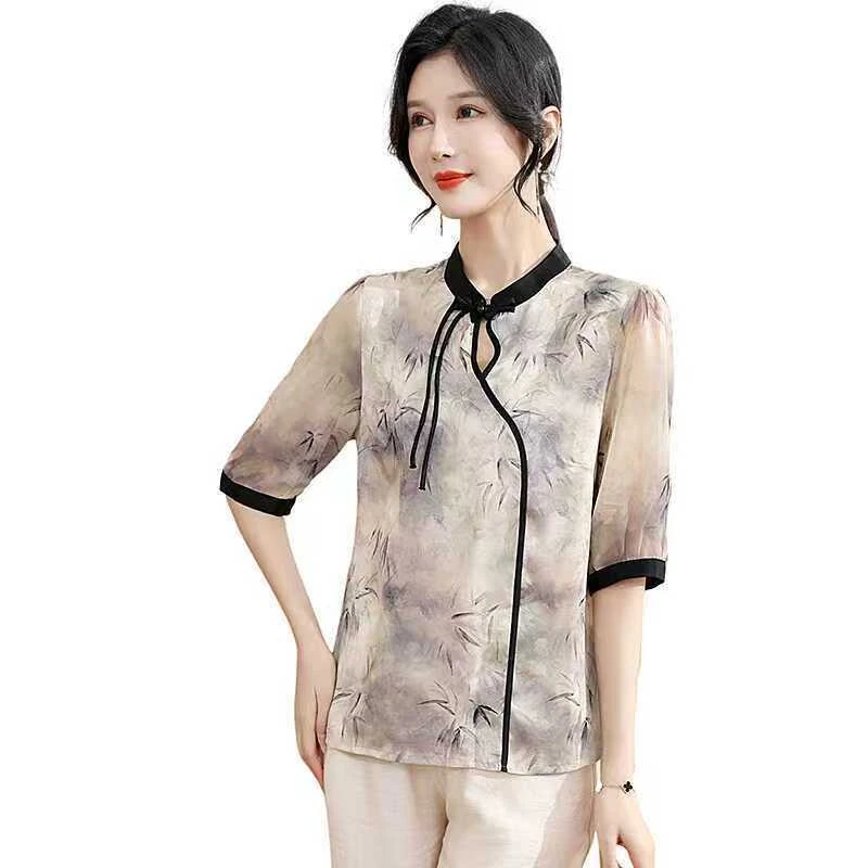 10645-夏新款彩绘T恤宽松显瘦妈妈装时尚休闲中老年女装潮