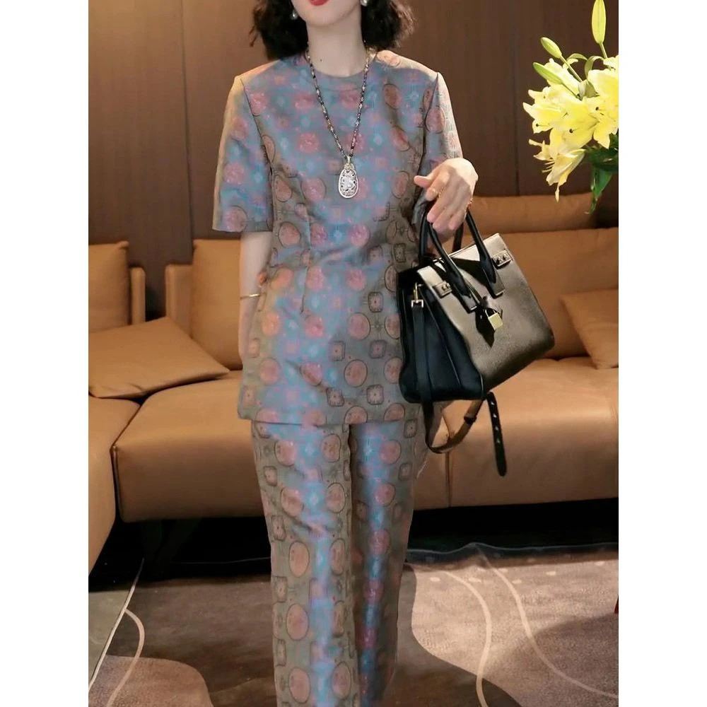 国风时尚气质端庄印花复古套装2025夏季新款显瘦圆领上衣+长裤