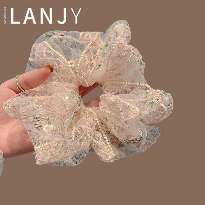 韩国东大门新款大肠发圈粉色温柔蕾丝刺绣扎发头绳发绳高级感发饰