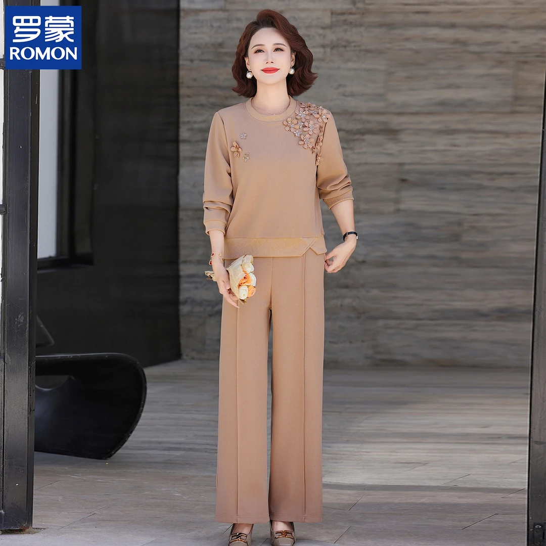 罗蒙妈妈装秋季洋气两件套2025新款中年高档上衣中老年女气质套装